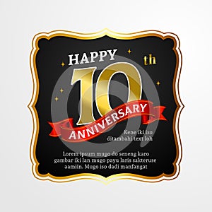 Happy 10th anniversary greeting card vector design. Decorative golden square frame background