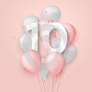 Happy 10th birthday balloons greeting card background.