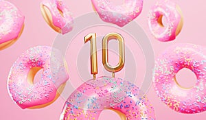 Happy 10th birthday celebration background with pink frosted donuts. 3D Rendering