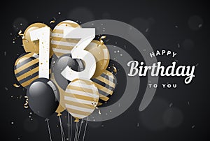 Happy 13th birthday balloons greeting card black background.