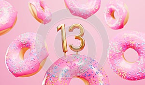 Happy 13th birthday celebration background with pink frosted donuts. 3D Rendering