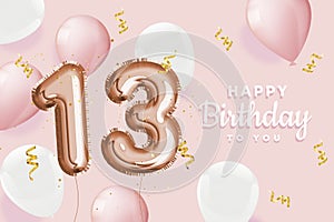 Happy 13th birthday pink foil balloon greeting background.