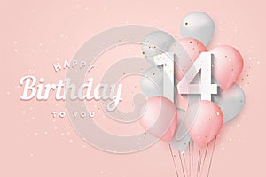 Happy 14th birthday balloons greeting card background.