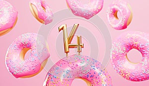 Happy 14th birthday celebration background with pink frosted donuts. 3D Rendering