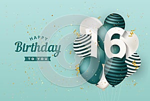 Happy 16th birthday with green balloons greeting card background.
