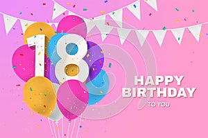 Happy 18th birthday balloons greeting card background.