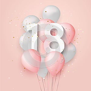 Happy 18th birthday balloons greeting card background.