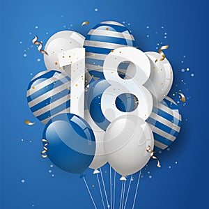 Happy 18th birthday with blue balloons greeting card background.