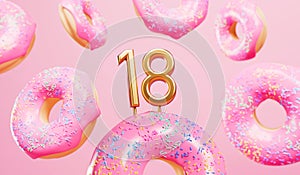 Happy 18th birthday celebration background with pink frosted donuts. 3D Rendering