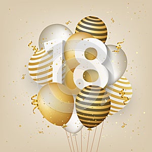 Happy 18th birthday with gold balloons greeting card background.