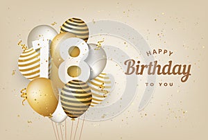 Happy 18th birthday with gold balloons greeting card background.