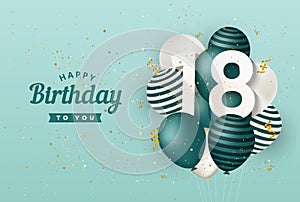 Happy 18th birthday with green balloons greeting card background.