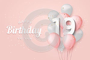 Happy 19th birthday balloons greeting card background.