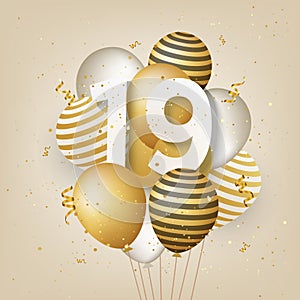 Happy 19th birthday with gold balloons greeting card background.