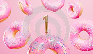 Happy 1st birthday celebration background with pink frosted donuts. 3D Rendering