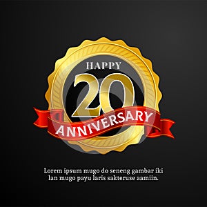 Happy 20 years anniversary medal logo badge vector design. shiny ring with ribbon for birthday event celebration background