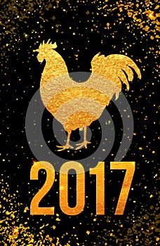 Happy 2017 Chinese New Year card. Vector poster of a golden rooster on black background. Design template for prints, cove