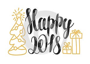 Happy 2018 - hand drawn design elements for greeting card. New year card design with lettering `Happy 2018`