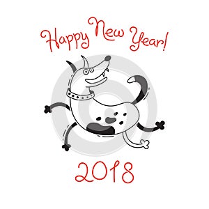 Happy 2018 New Year card. Funny puppy congratulates on holiday. Dog Chinese zodiac symbol of the year.