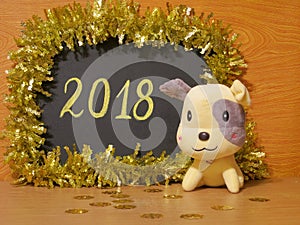 Happy 2018 New Year card - Yellow dog Stock Photos