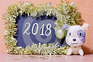 Happy 2018 New Year card - Yellow dog Stock Photos