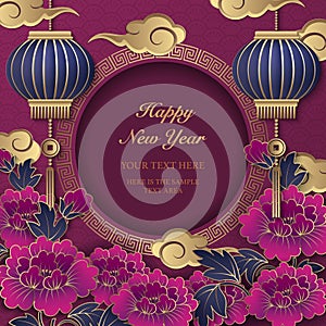 Happy 2019 Chinese new year retro gold purple relief peony flower cloud lantern