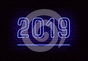 Happy 2019 New Year neon light vector. Retro transparent neon light effect isolated. Vector Illustra
