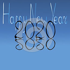 Happy 2020. Festive postcard. Reflection in water. Lettering. Vector illustration. Isolated blue background. Happy New Year. 