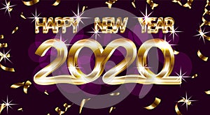 Happy 2020 new year. Gold inscription. Holiday cards with tinsel. illustration