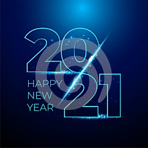 Happy 2021 new year blue number with bright sparkles. Festive premium design template for greeting card, calendar, banner. glowing