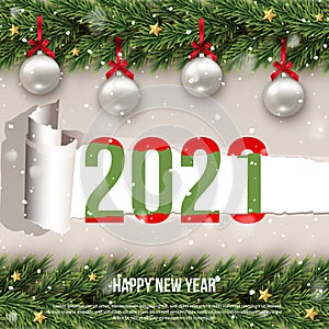 Happy 2021 new year merry christmas greeting flat creative poster with decorated ornament balls and stars fir brunches