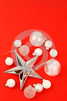 Happy 2022 New Year, Christmas white, mirror object decor on red background top view. Merry Christmas greeting card, frame. Winter