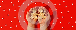 Happy 2022 New Year`s set of cookies, gingerbread man, woman in face  from ginger biscuits glazed sugar decoration in kids hands