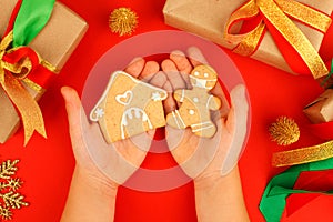 Happy 2022 New Year`s set of cookies, gingerbread man, woman in medical face mask from ginger biscuits glazed sugar decoration in