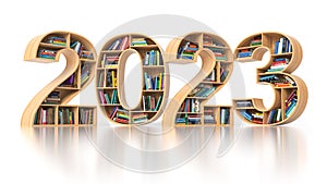 Happy 2023 new year education concept. Bookshelves with books in the form of text 2023