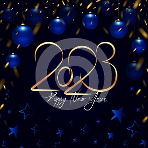 Happy 2023 New Year. Golden numbers on a dark blue background