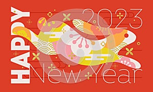 Happy 2023 New Year greeting card with running hare. Chinese lunar zodiac symbol of rabbit year for traditional chinas holiday