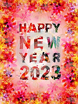 Happy 2023 New Year in pink color. Vector illustration. Happy New Year floral poster. Design for seasonal holiday greeting cards,