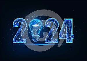 Happy 2024 New Year digital web banner template with futuristic polygonal 2023 number and light bulb