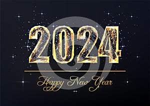 Happy 2024 New Year elegant greeting card template with gold glowing digits on black background