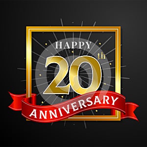 Happy 20th anniversary background vector design. Black paper with golden square frame illustration for birthday event celebration