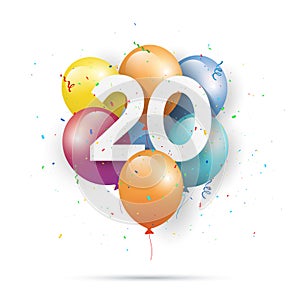 Happy 20th birthday balloons greeting card on white background.
