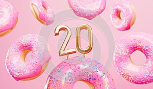 Happy 20th birthday celebration background with pink frosted donuts. 3D Rendering