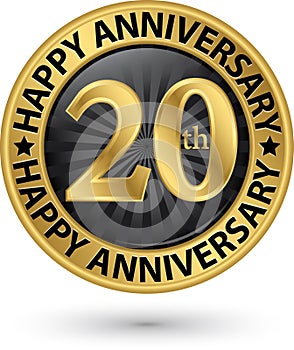 Happy 20th years anniversary gold label, vector illustration