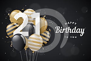 Happy 21th birthday balloons greeting card black background.