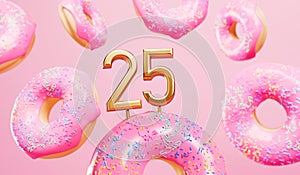 Happy 25th birthday celebration background with pink frosted donuts. 3D Rendering