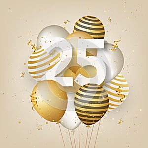 Happy 25th birthday with gold balloons greeting card background.