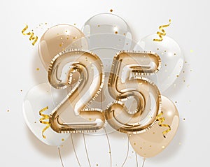 Happy 25th birthday gold foil balloon greeting background.