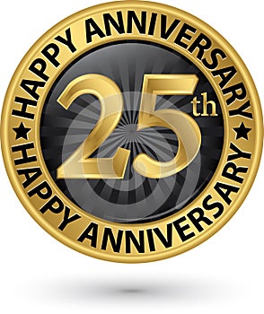 Happy 25th years anniversary gold label, vector