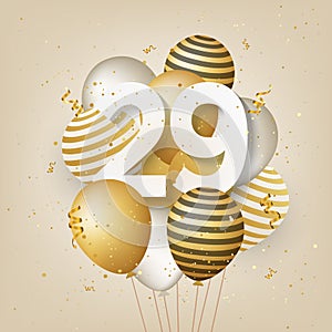 Happy 29th birthday with gold balloons greeting card background.